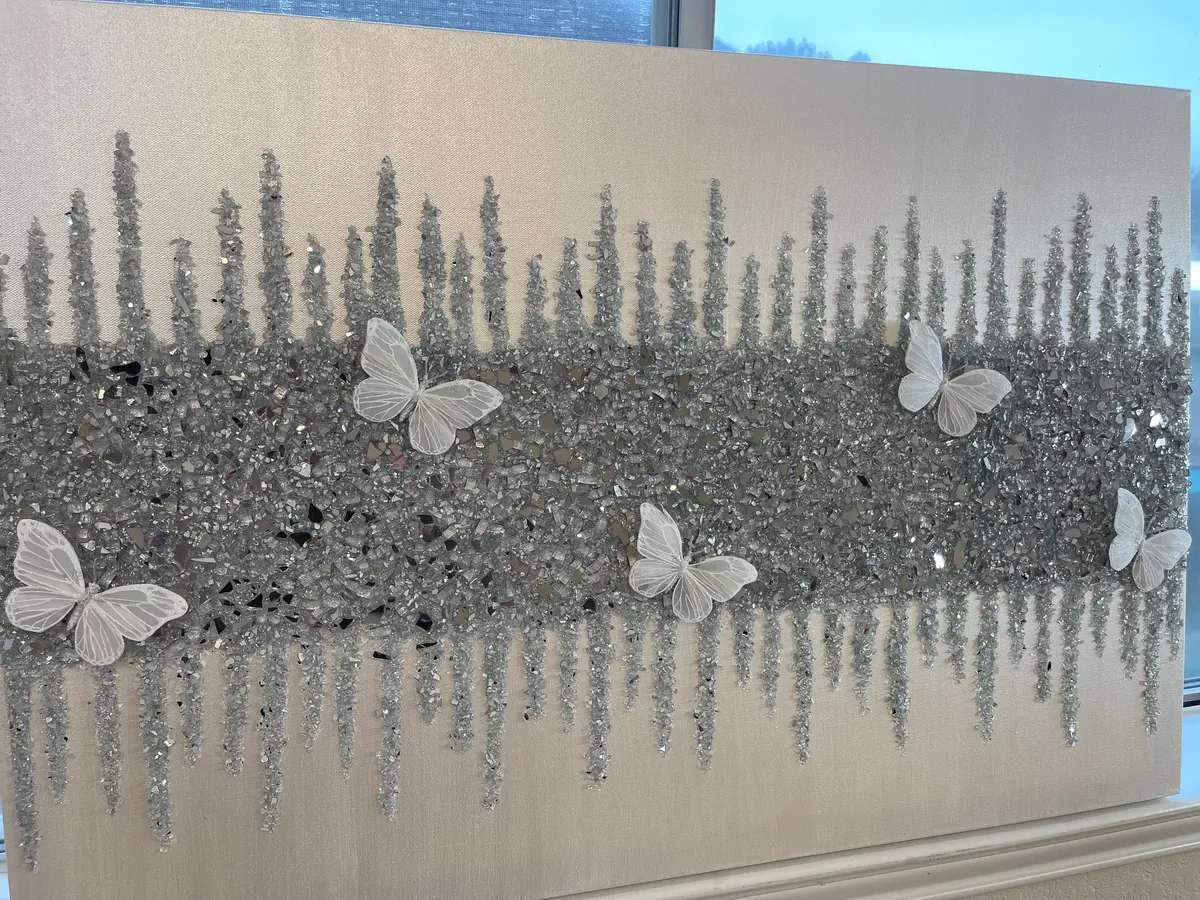 Silver glitter butterfly glass wall art