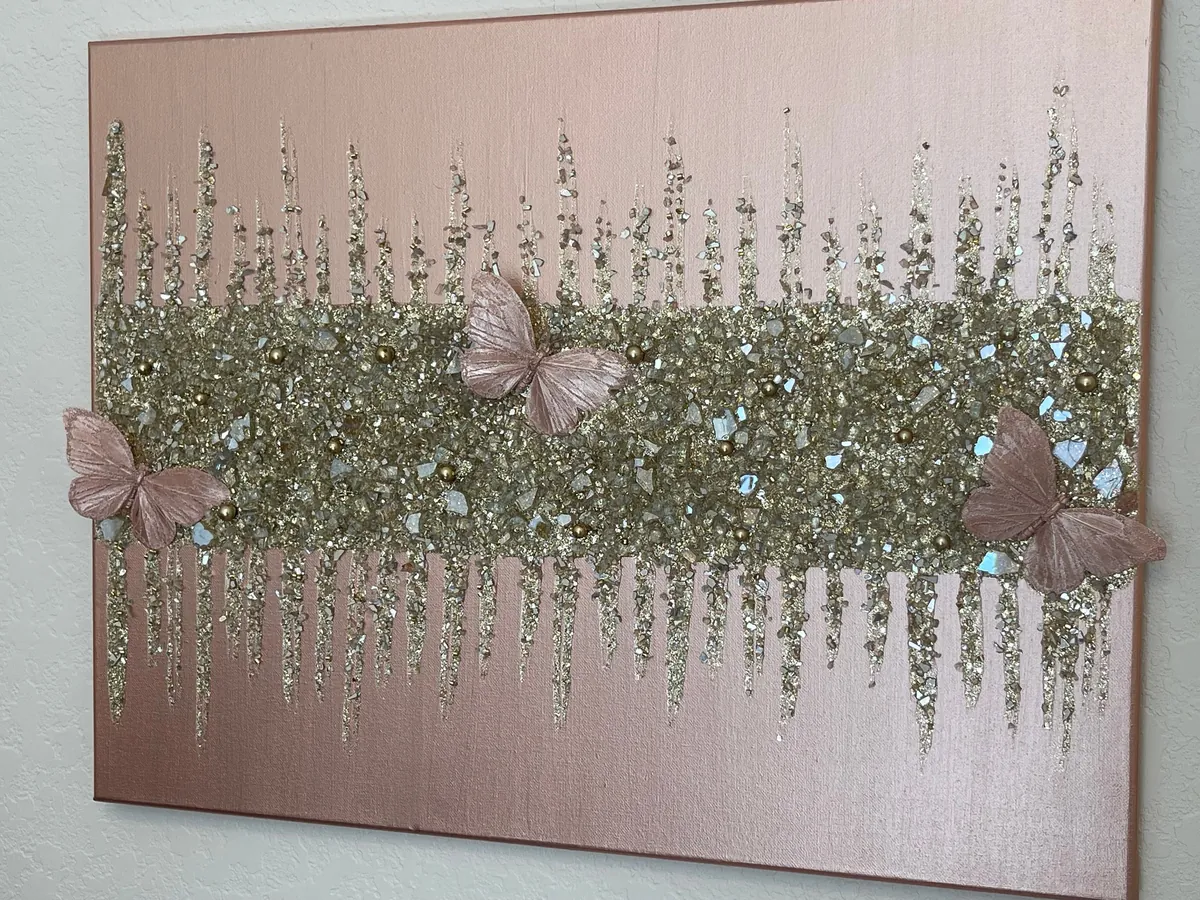 Rose gold glitter butterfly glass wall art