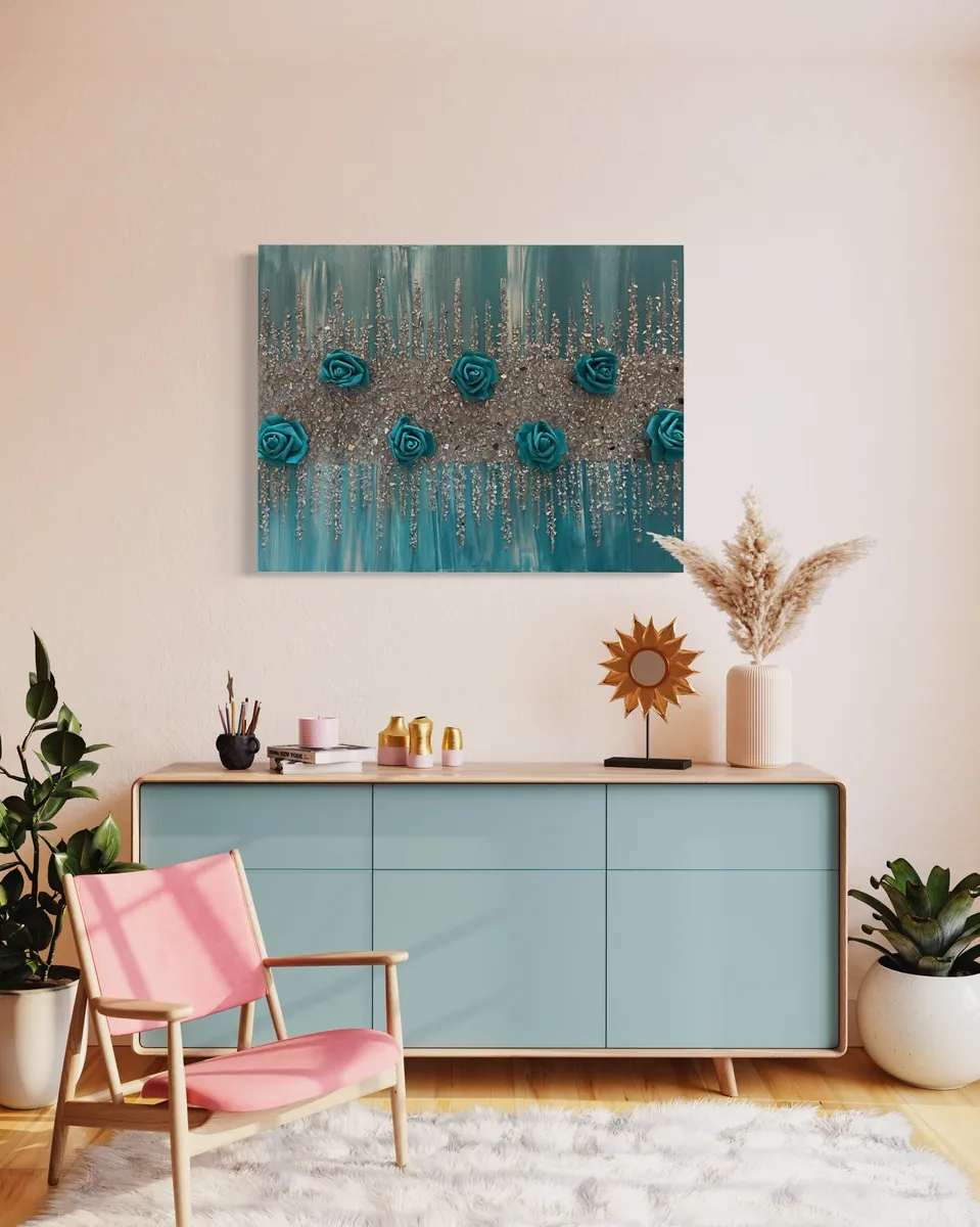 Teal turquoise glitter glass flower wall art